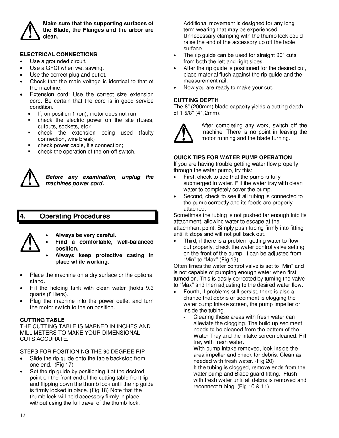 Electrolux TM-75 operating instructions Operating Procedures, Electrical Connections, Cutting Table, Cutting Depth 