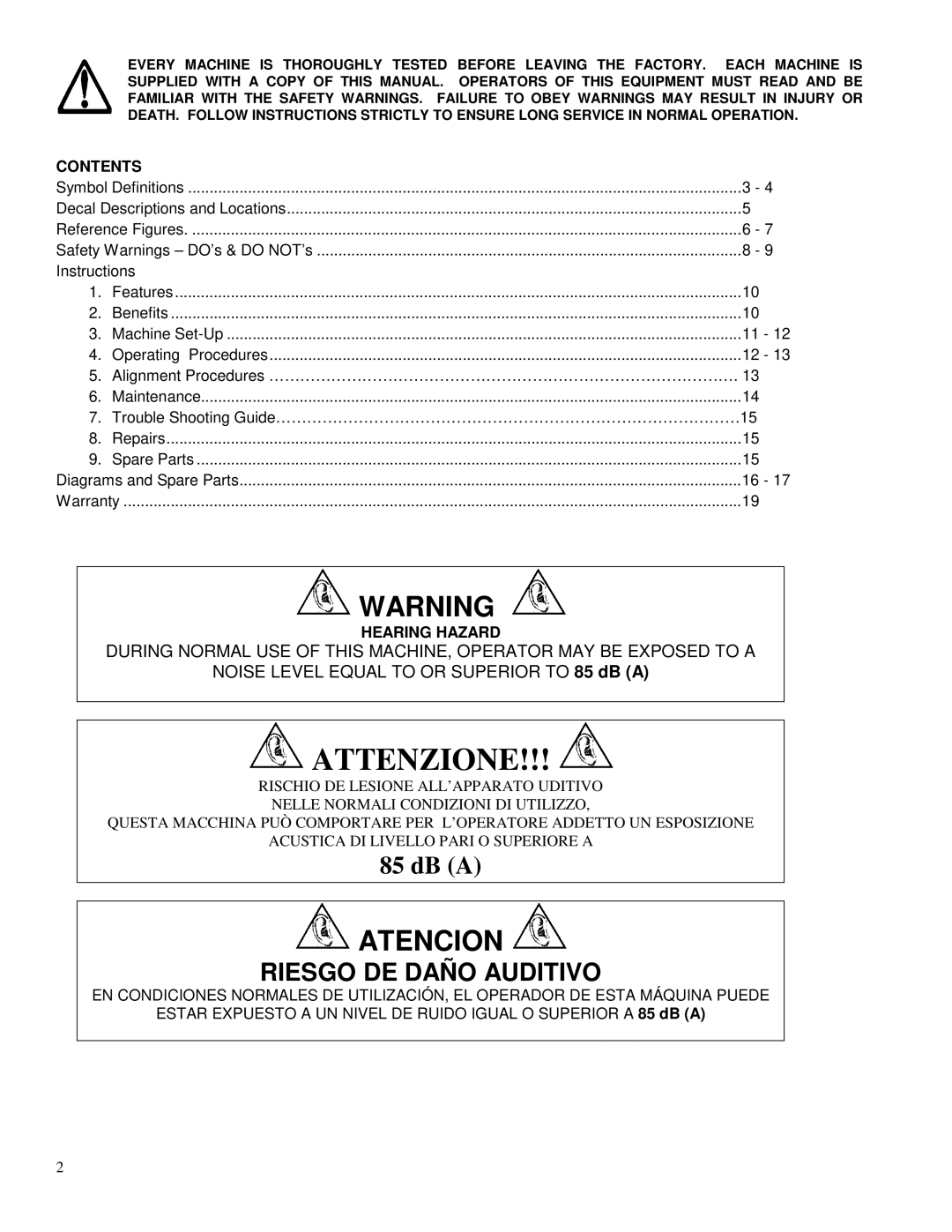 Electrolux TM-75 operating instructions Contents, Hearing Hazard 