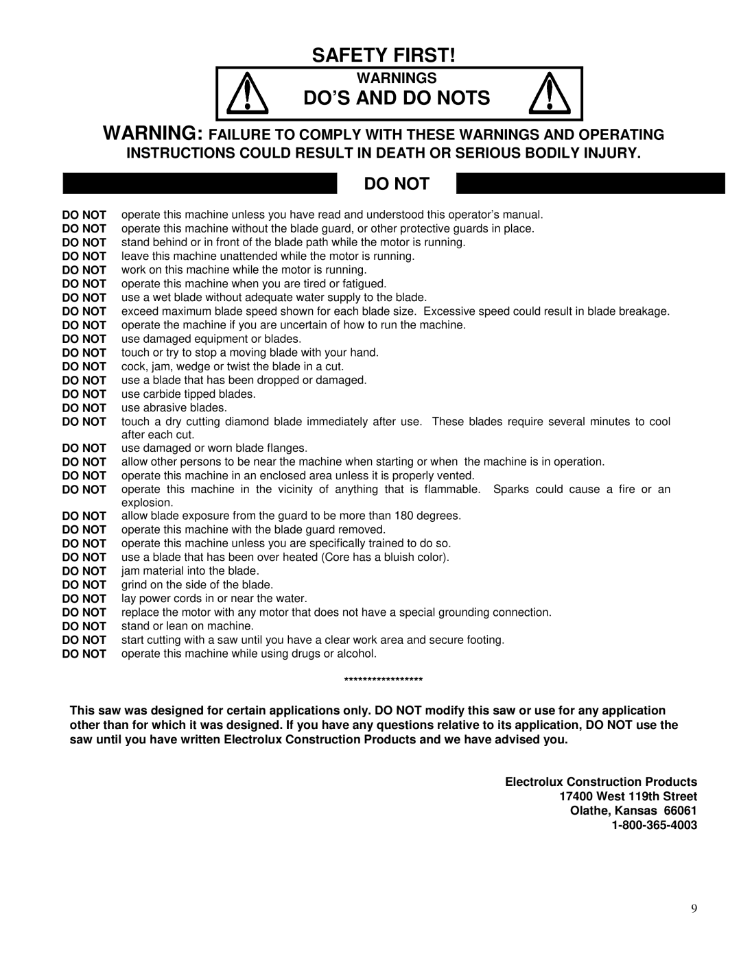 Electrolux TM-75 operating instructions Safety First DO’S and do Nots 