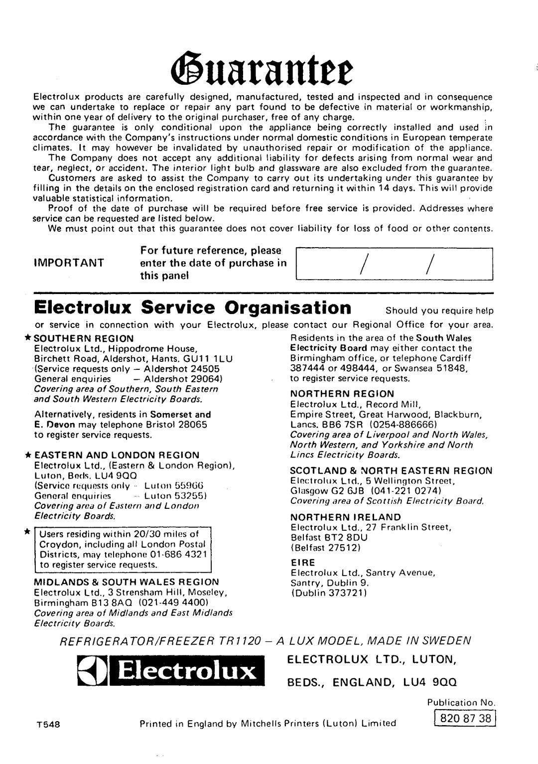 Electrolux TR1120 manual 