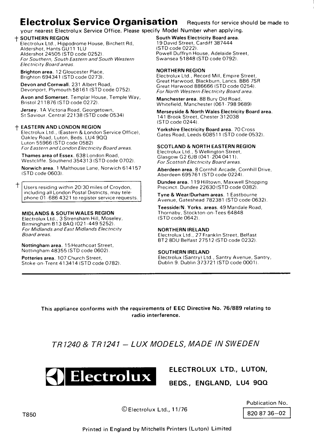 Electrolux TR1241, TR1240 manual 