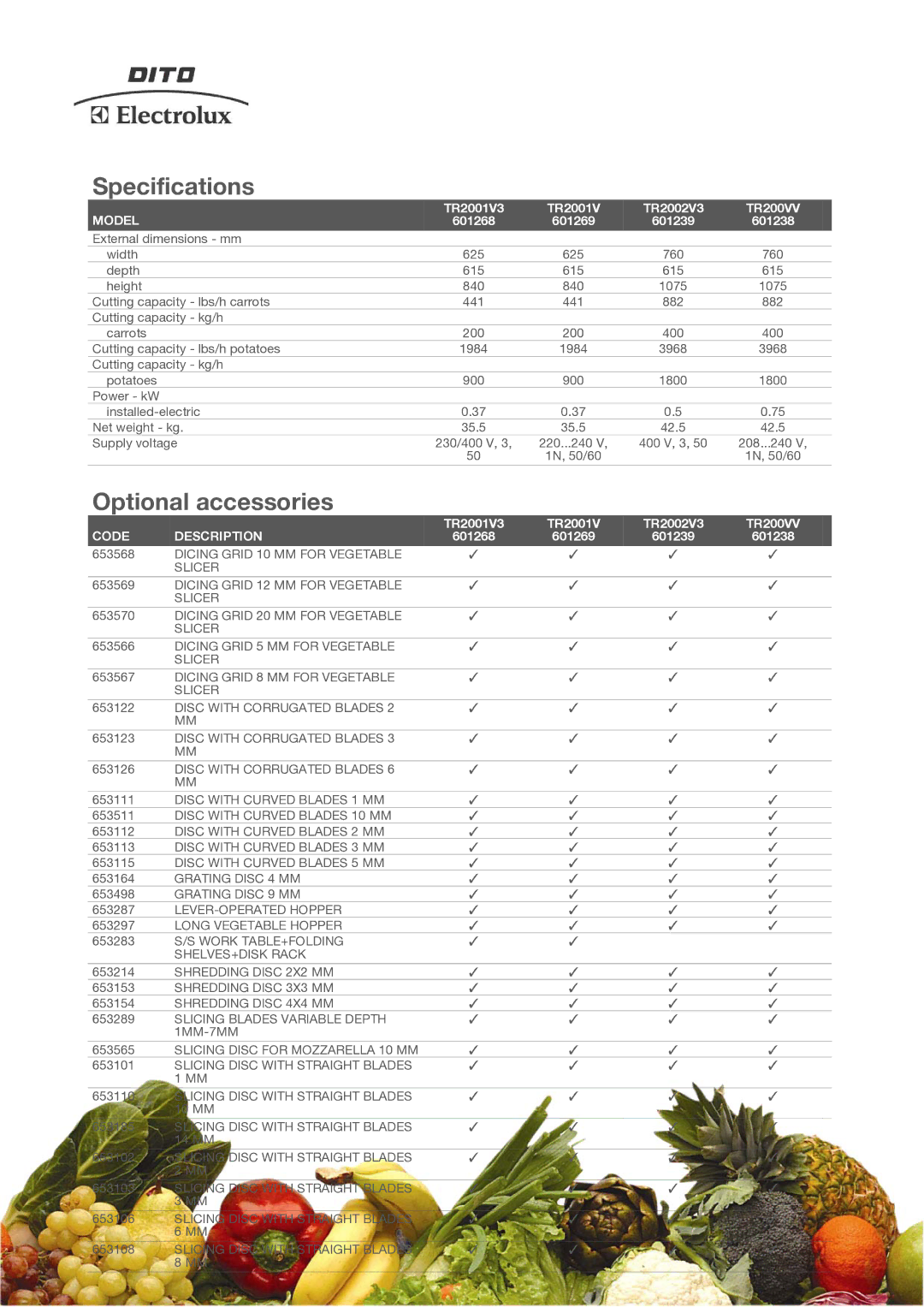 Electrolux TR200VV, TR2002V3, TR2001V3 manual Specifications, Optional accessories, Model, Code Description 