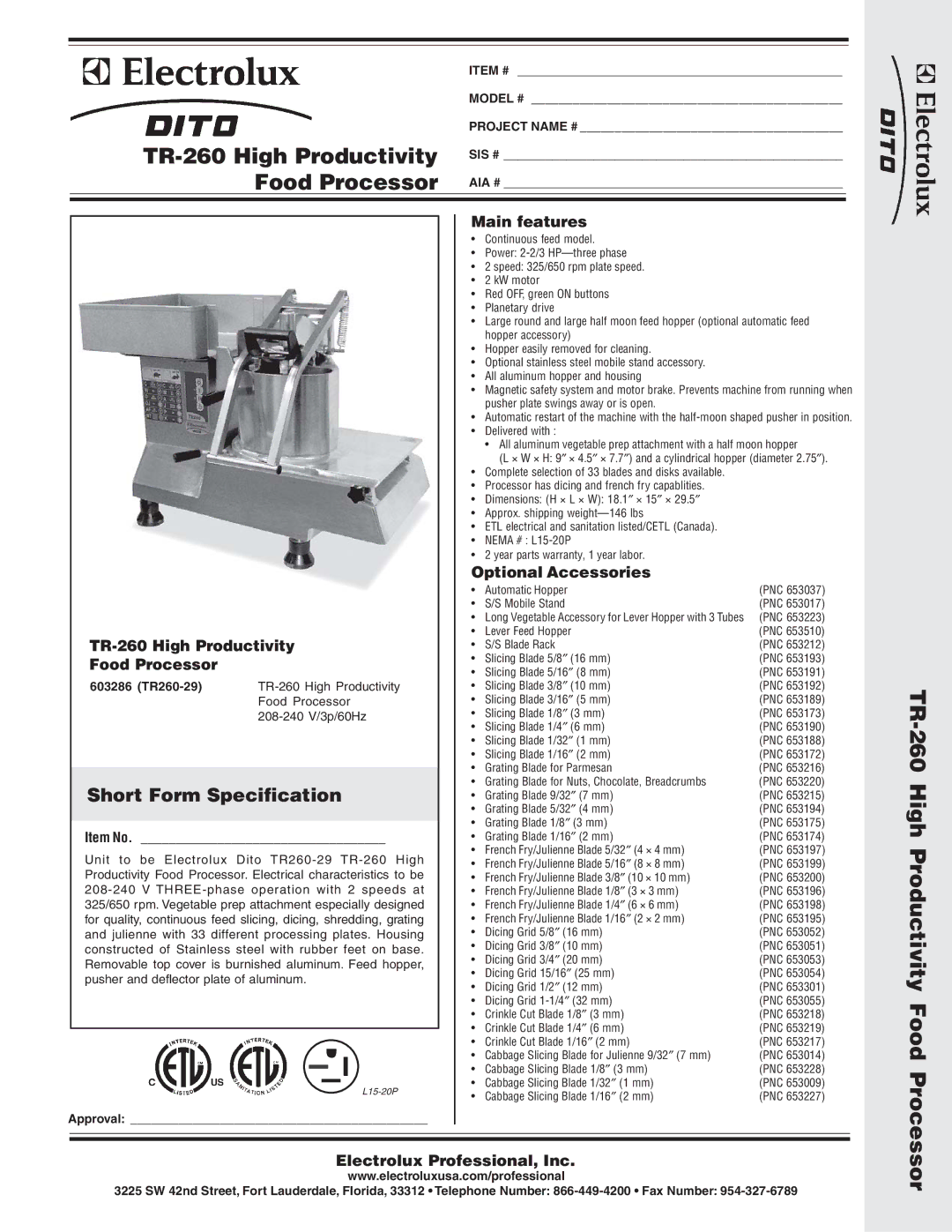 Electrolux 603286, TR260-29 dimensions TR-260 High Productivity Food Processor, Short Form Specification 