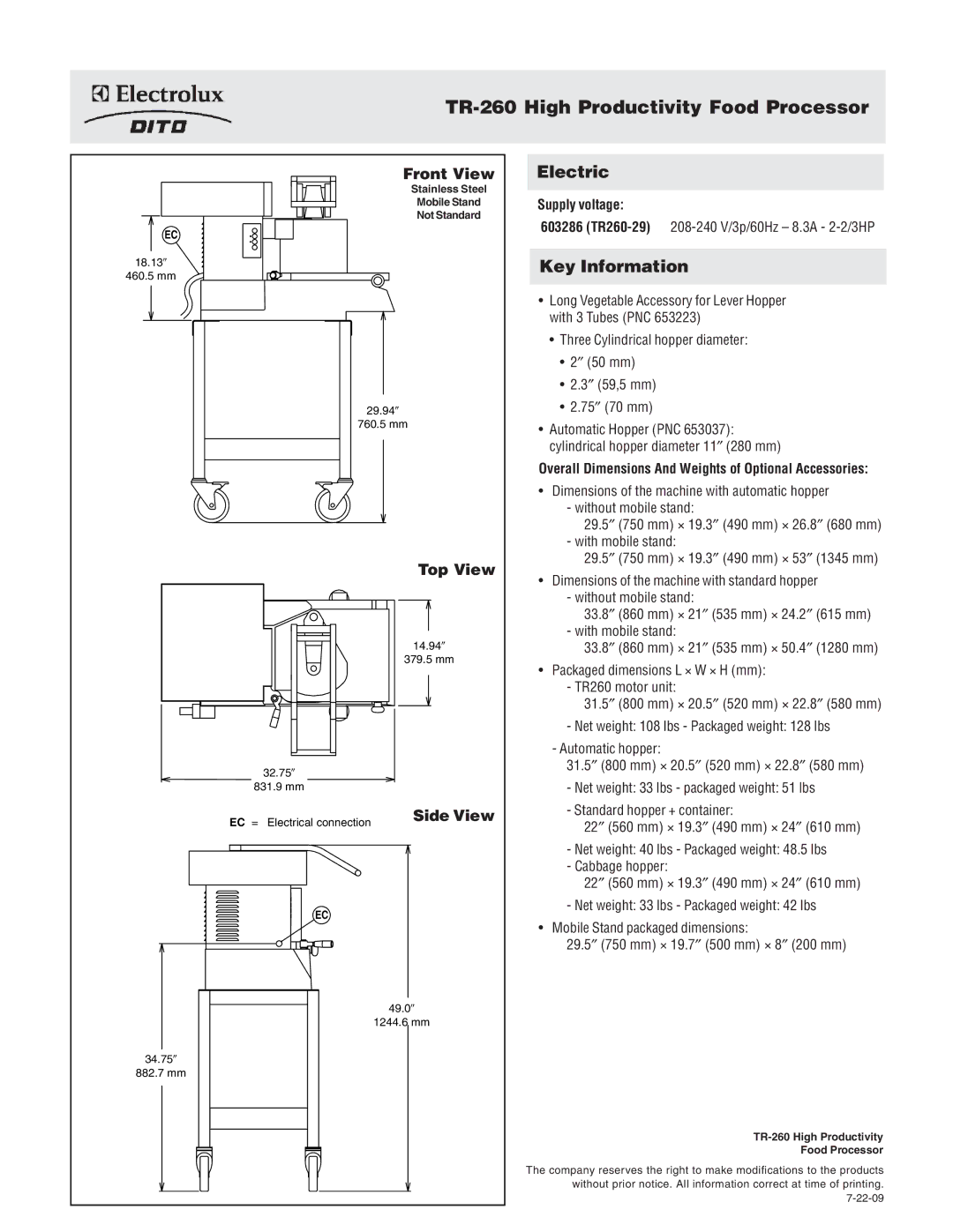 Electrolux TR260-29, 603286 dimensions TR-260 High Productivity Food Processor, Front View, Top View, Side View 