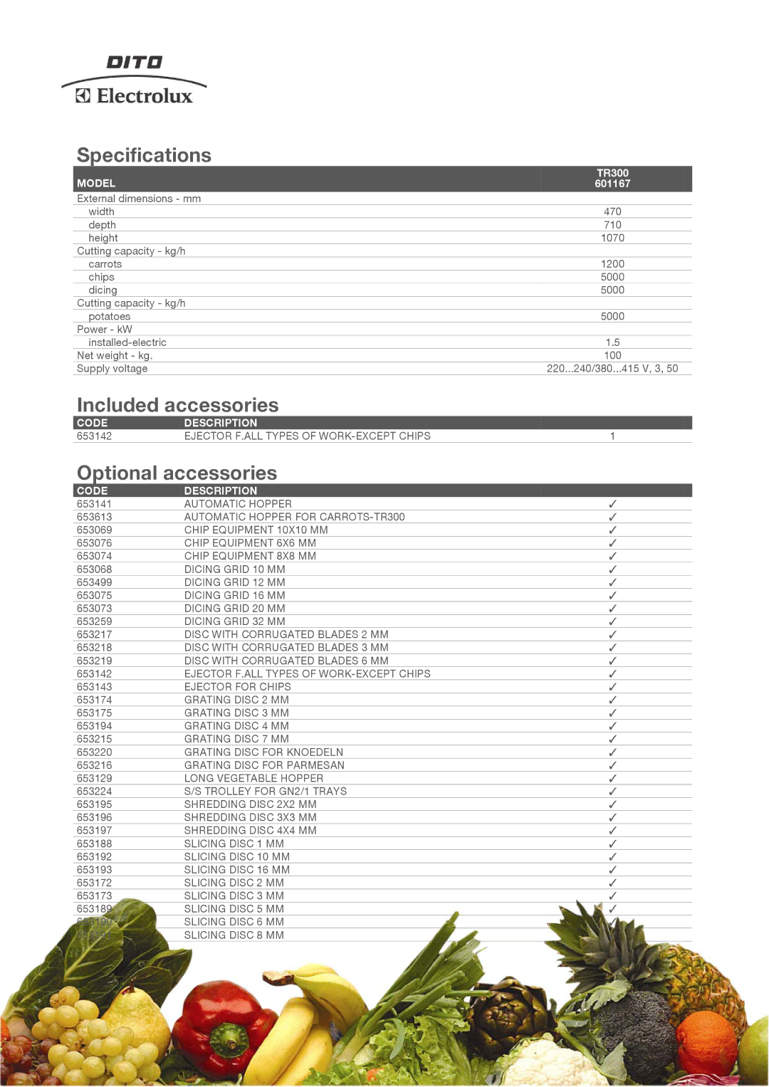 Electrolux TR300 manual Specifications, Included accessories, Optional accessories 