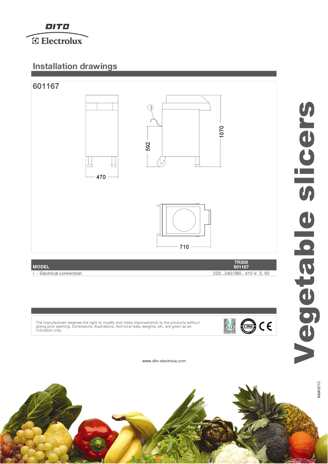 Electrolux TR300 manual Installation drawings, 601167 