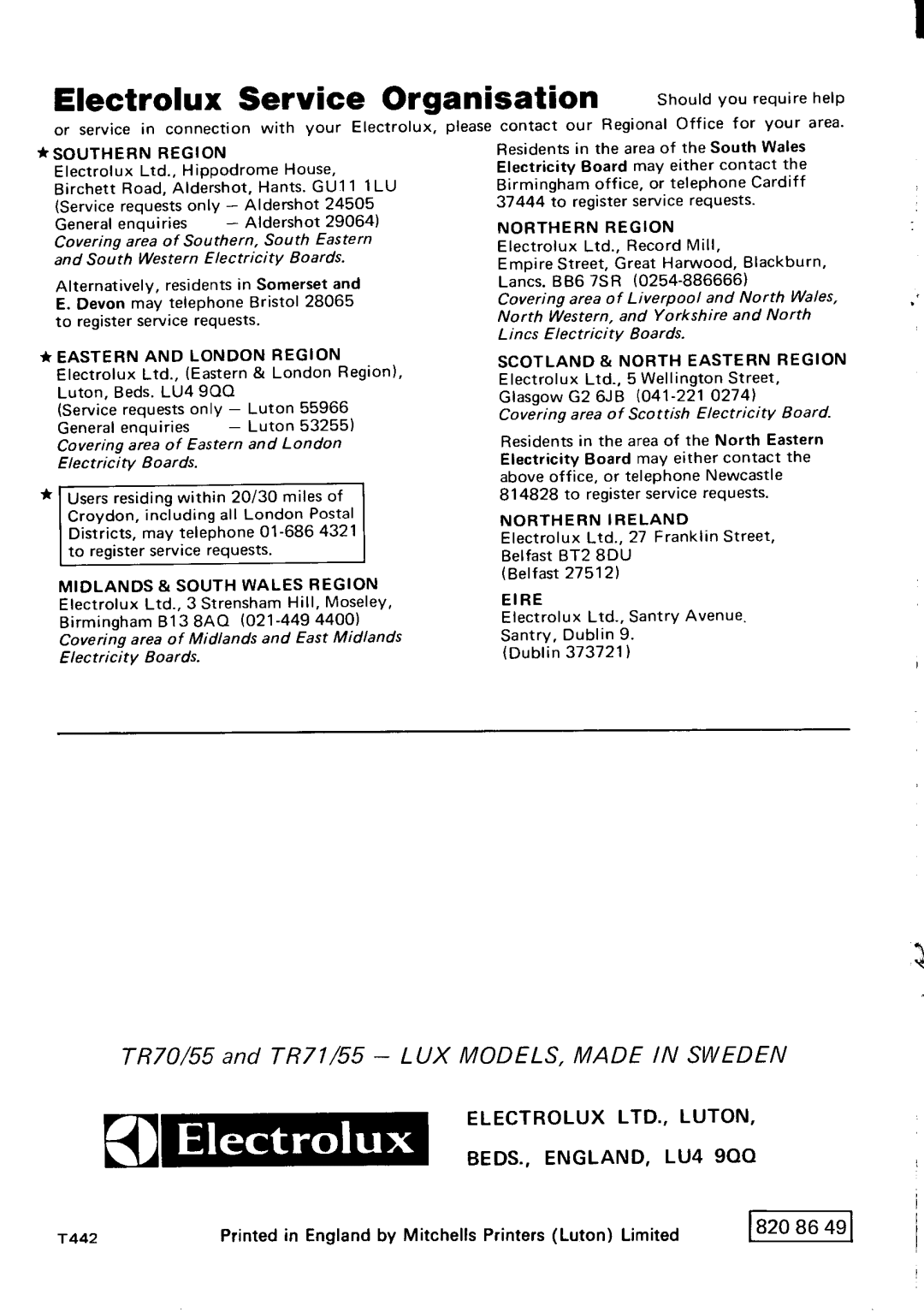 Electrolux TR71/55, TR70/55 manual 