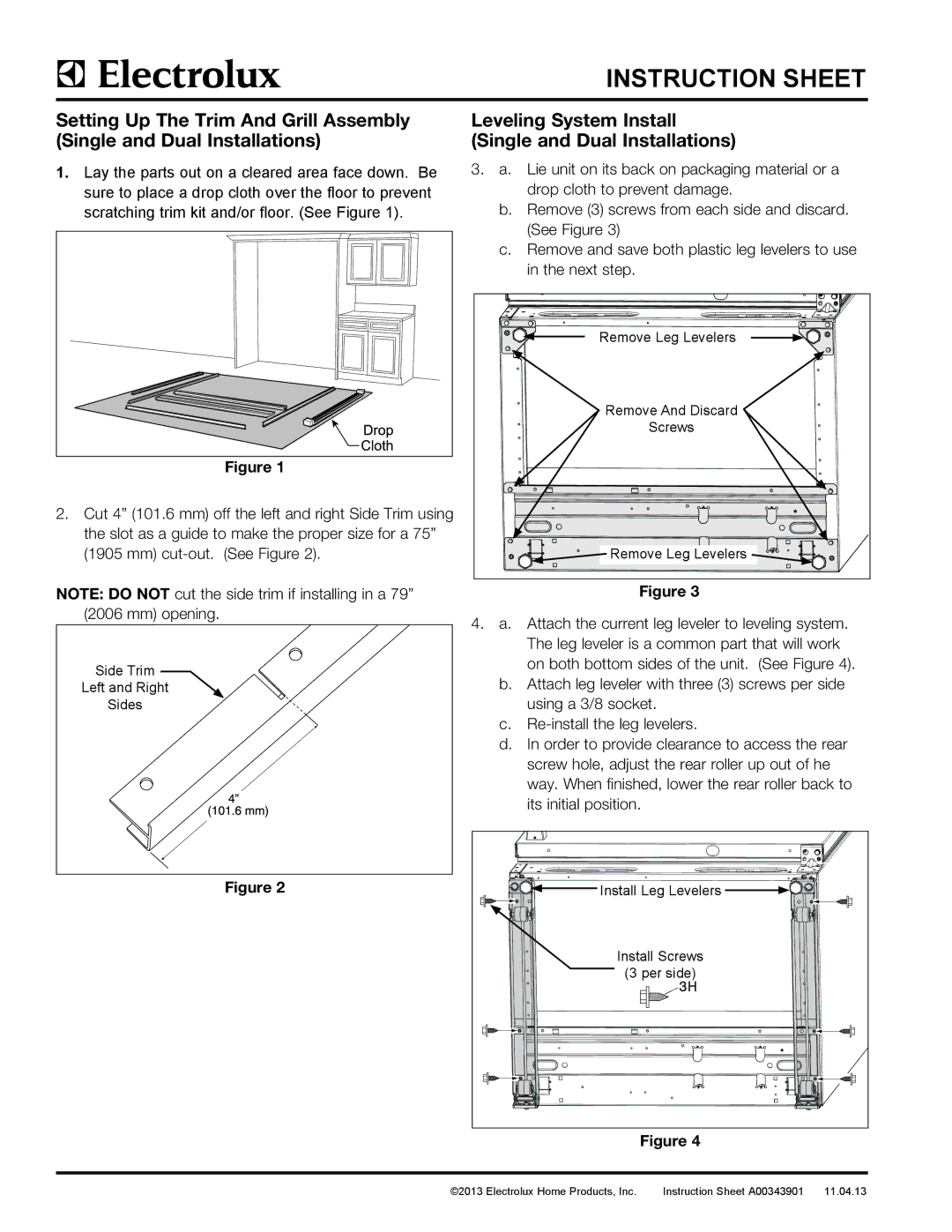 Electrolux TRIMKITSS1, TRIMKITEZ1 instruction sheet Leveling System Install Single and Dual Installations 