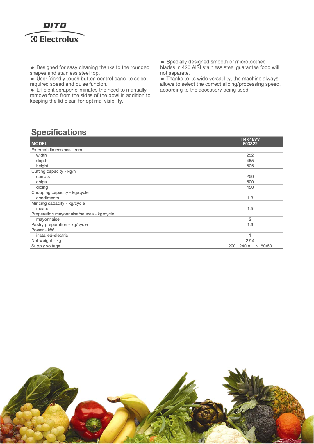 Electrolux TRK45VV manual Specifications, Model, 603322 