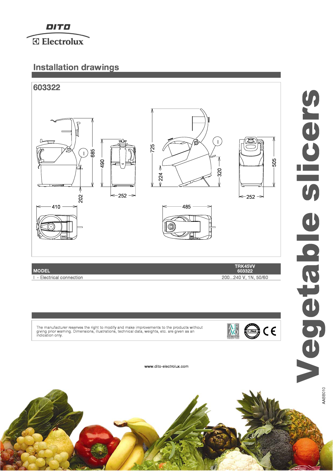 Electrolux TRK45VV slicers, Vegetable, 603322, 490 202 410, 725 224, Model, 200...240 V, 1N, 50/60, Installation drawings 