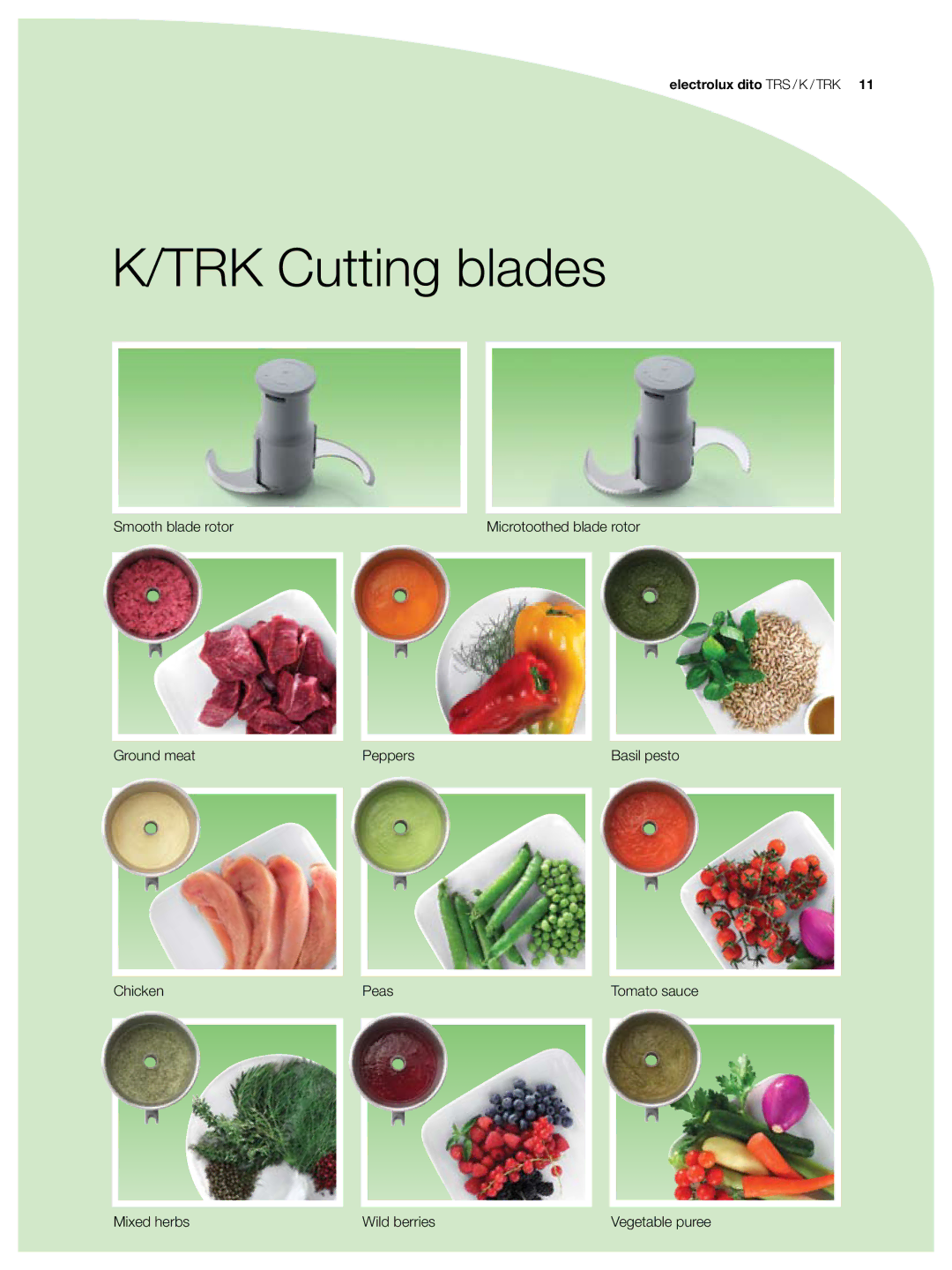 Electrolux TRS 45, TRK55, TRK70, TRK45, TRS 55, TRS 70 manual TRK Cutting blades, Mixed herbs Wild berries 