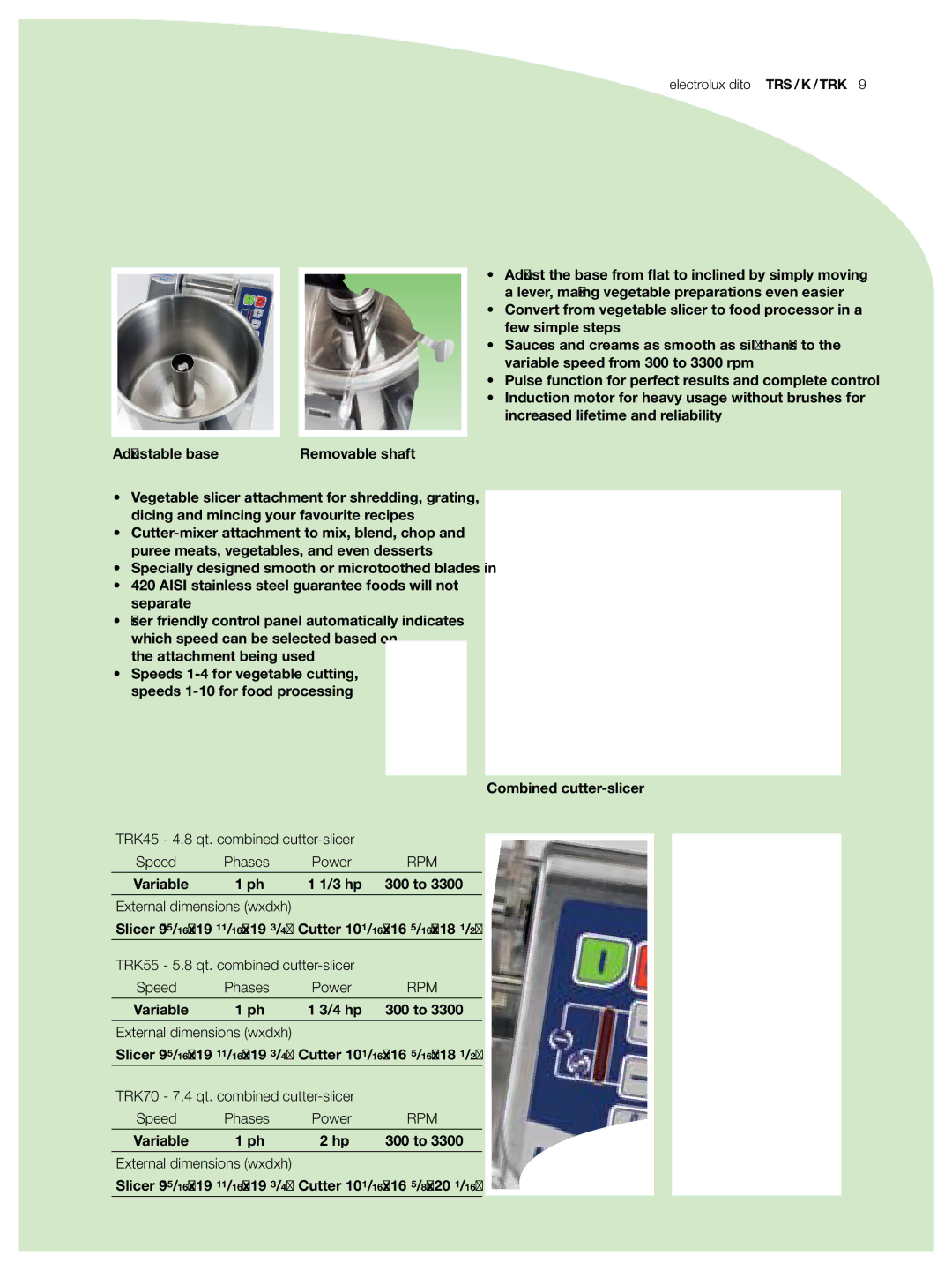 Electrolux TRS 55, TRK55, TRK70, TRS 70, TRS 45 manual TRK45 4.8 qt. combined cutter-slicer Speed 