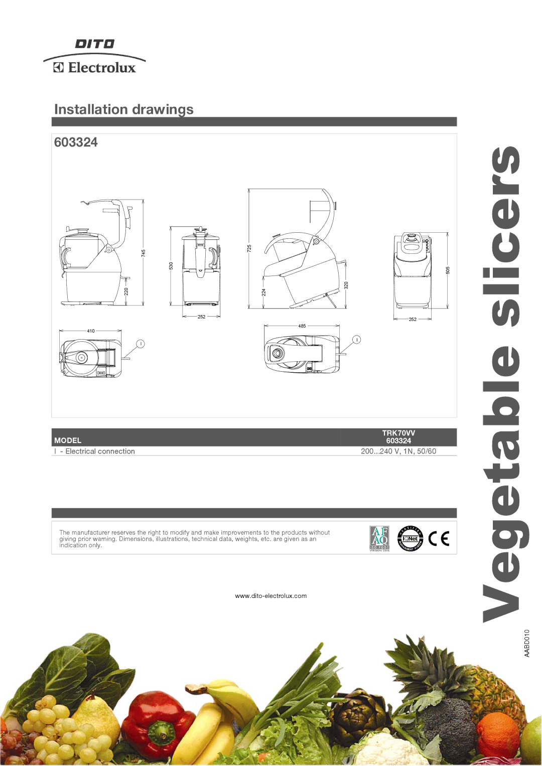 Electrolux TRK70VV manual Slicers, Installation drawings 