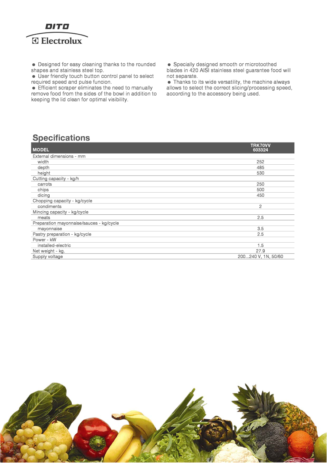 Electrolux TRK70VV manual Specifications, Model, 603324 