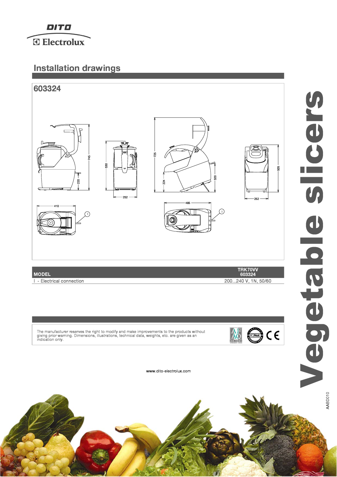 Electrolux TRK70VV manual Installation drawings, 603324, slicers, Vegetable, Model 