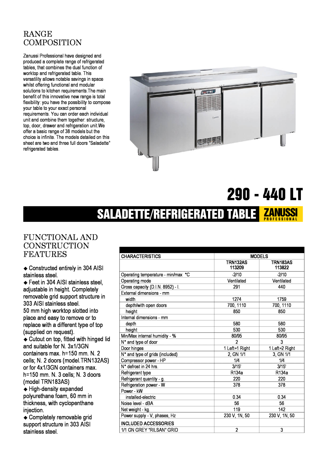Electrolux TRN132AS, TRN183AS dimensions 290 - 440 LT, Saladette/Refrigerated Table Zanussip R O F E S S I O N A L 