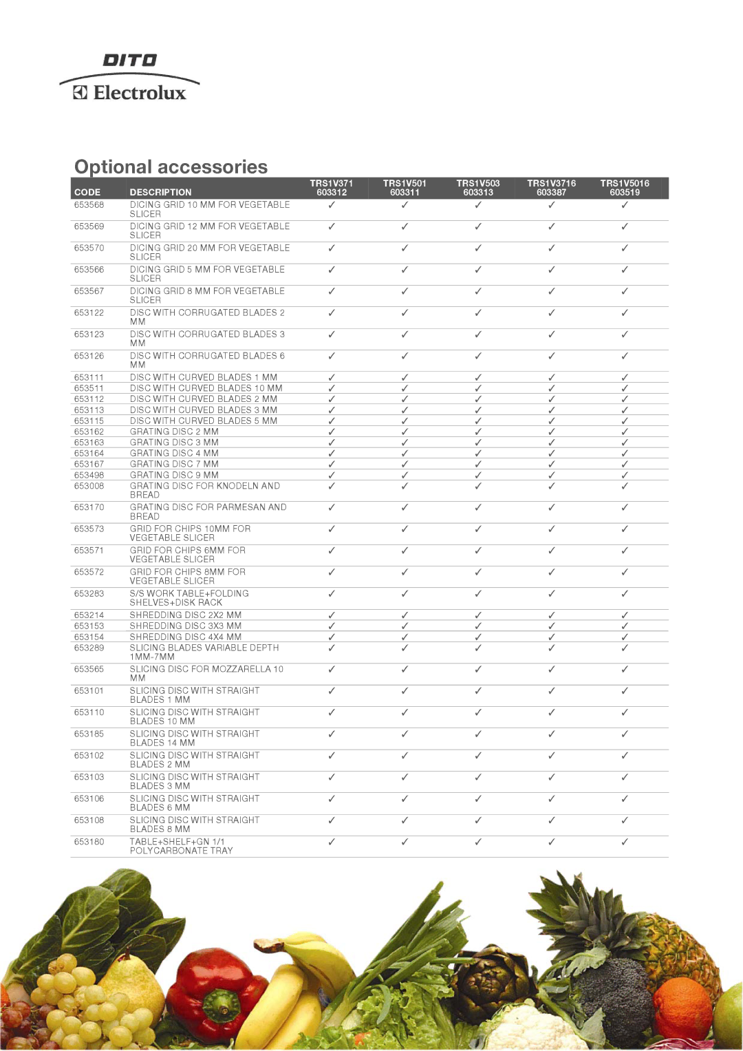 Electrolux TRS1V503, TRS1V3716, TRS1V5016, TRS - 1, 603312, 603313, 603311, 603519 Optional accessories, Code Description 