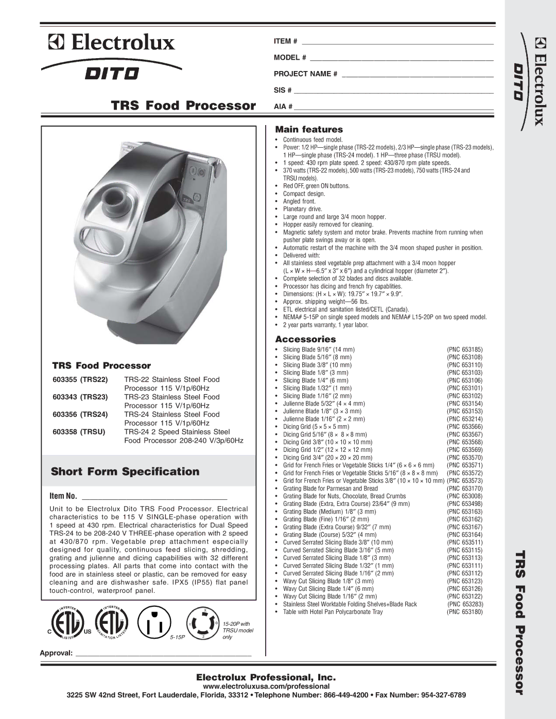 Electrolux TRS24, TRSU, TRS23, TRS22, 603356, 603343, 603358, 603355 dimensions TRS Food, Processor, Short Form Specification 