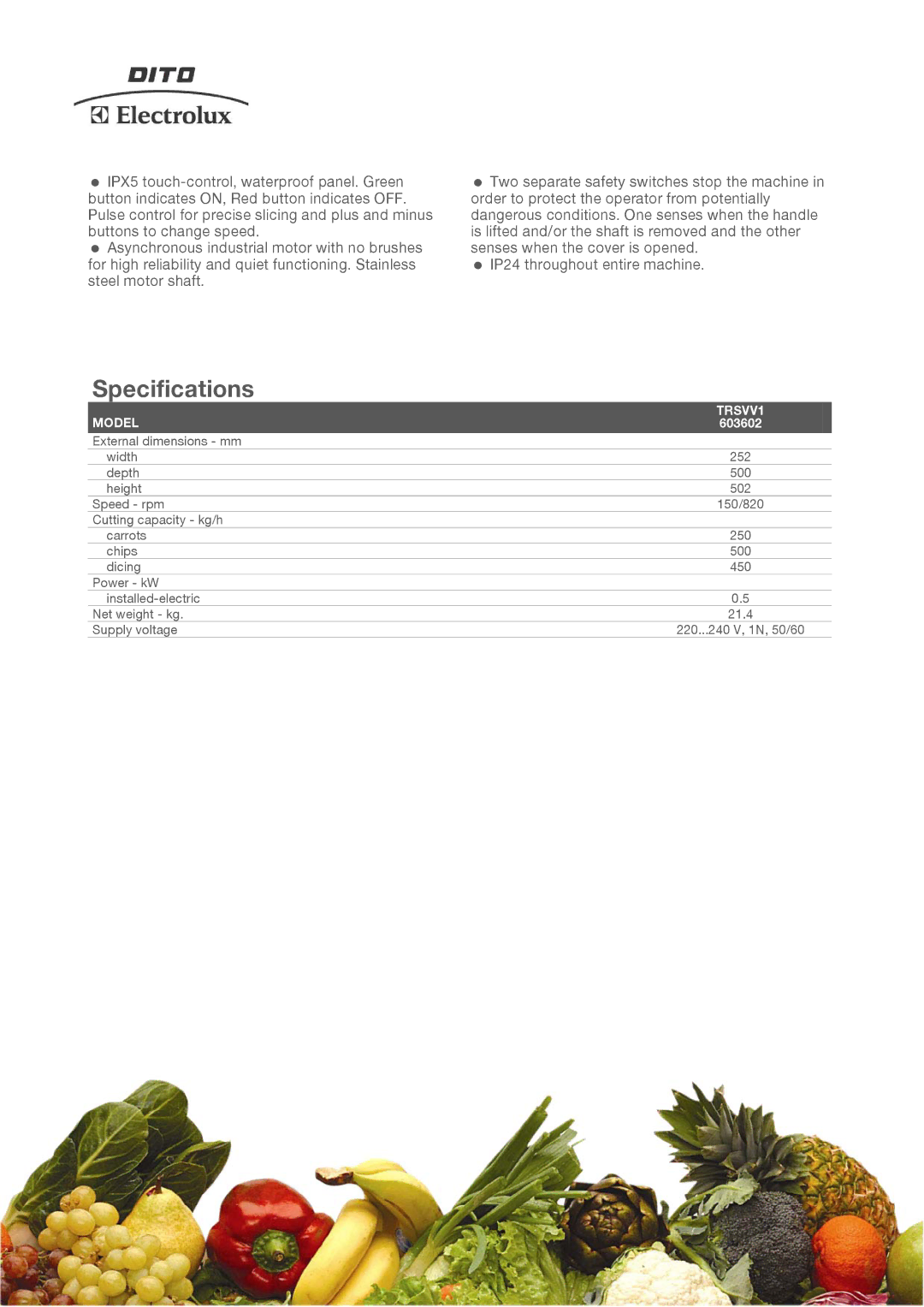 Electrolux 603602 manual Specifications, Model TRSVV1 