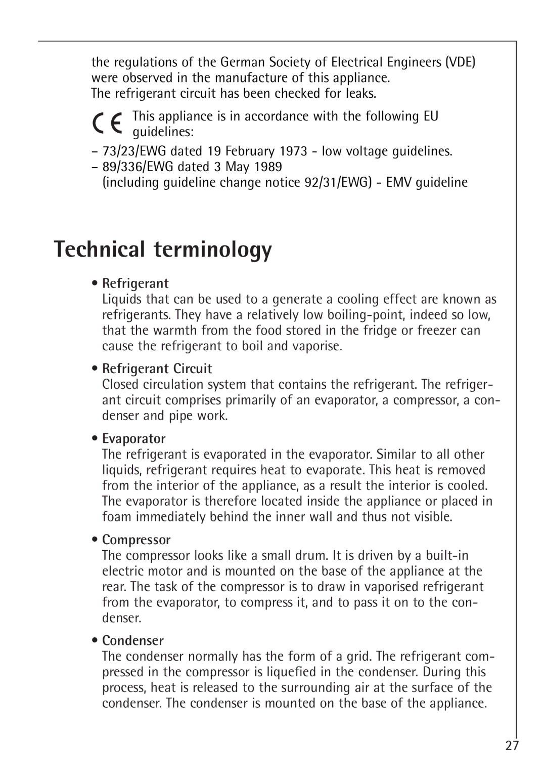 Electrolux U 86000-4 manual Technical terminology, Refrigerant Circuit, Evaporator, Compressor, Condenser 