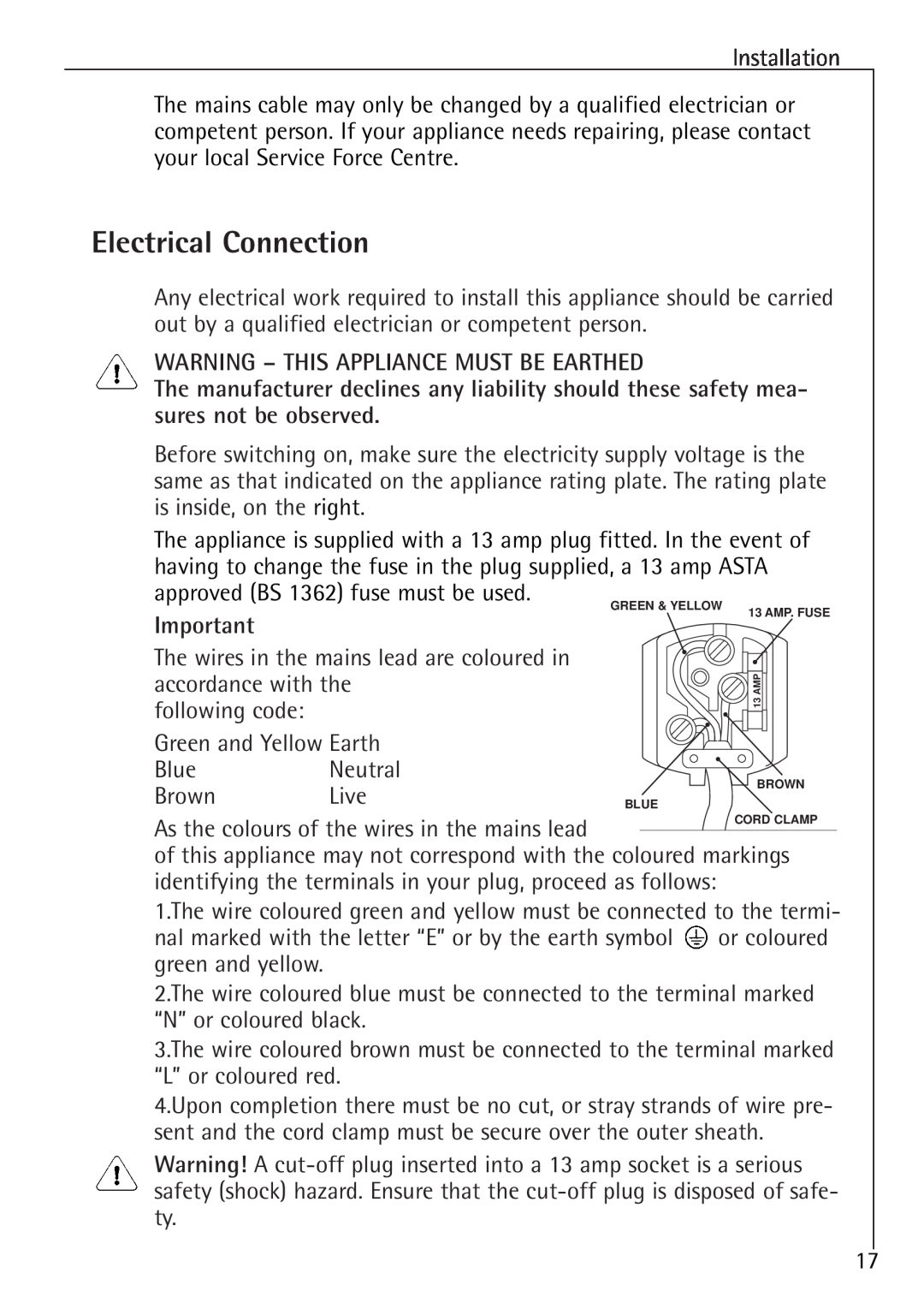 Electrolux U 86000-4 manual Electrical Connection, Warning - This Appliance Must Be Earthed 