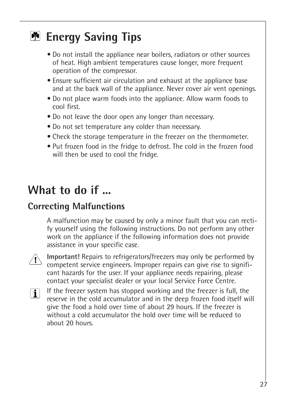 Electrolux U 86050-4 I operating instructions Energy Saving Tips, What to do if, Correcting Malfunctions 