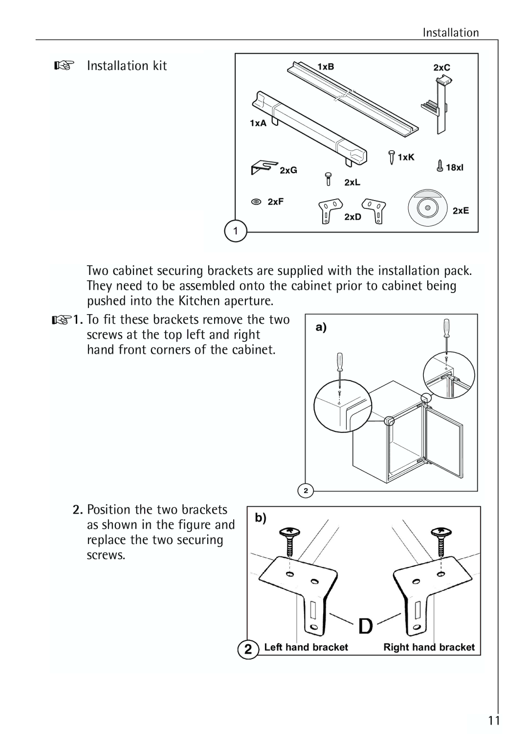 Electrolux U 96040-4 i installation instructions Installation kit 