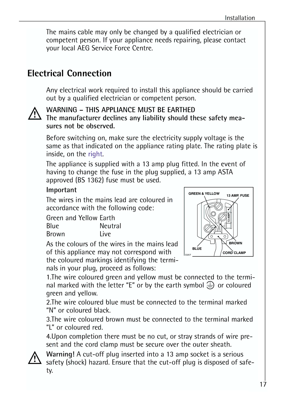 Electrolux U 96040-4 i installation instructions Electrical Connection, Green and Yellow Earth BlueNeutral BrownLive 