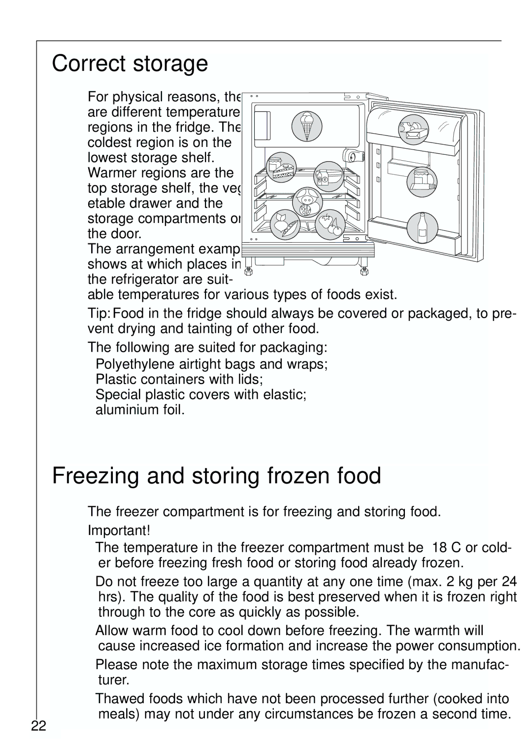 Electrolux U 96040-4 i installation instructions Correct storage, Freezing and storing frozen food 