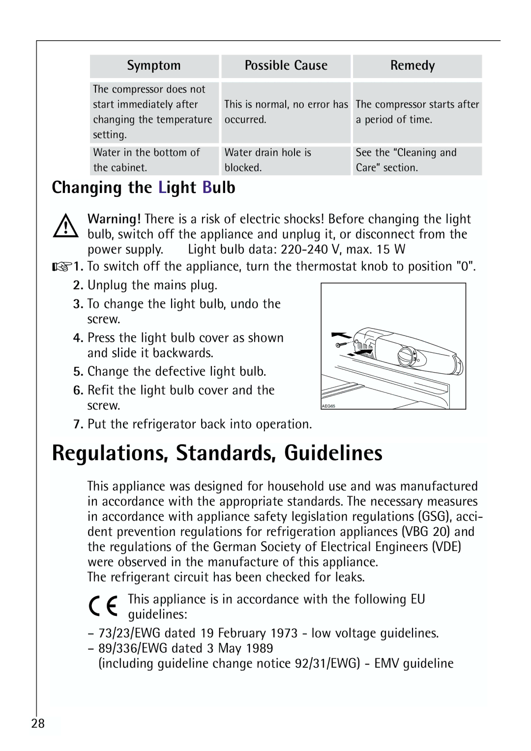 Electrolux U 96040-4 i installation instructions Regulations, Standards, Guidelines, Changing the Light Bulb 