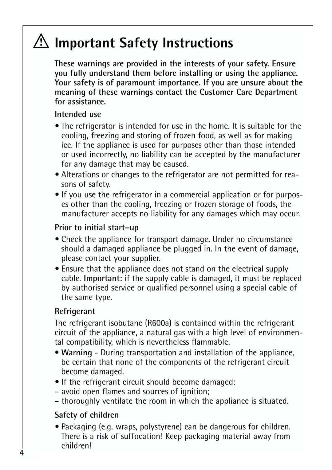 Electrolux U 96040-4 i Important Safety Instructions, Prior to initial start-up, Refrigerant, Safety of children 