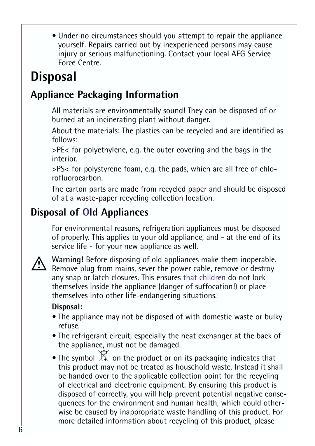 Electrolux U 96040-4 i installation instructions Appliance Packaging Information, Disposal of Old Appliances 