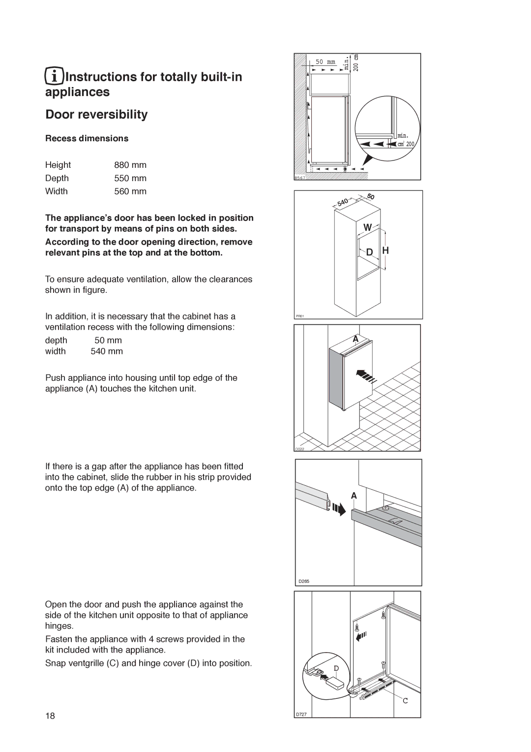 Electrolux U01327 installation instructions Recess dimensions 