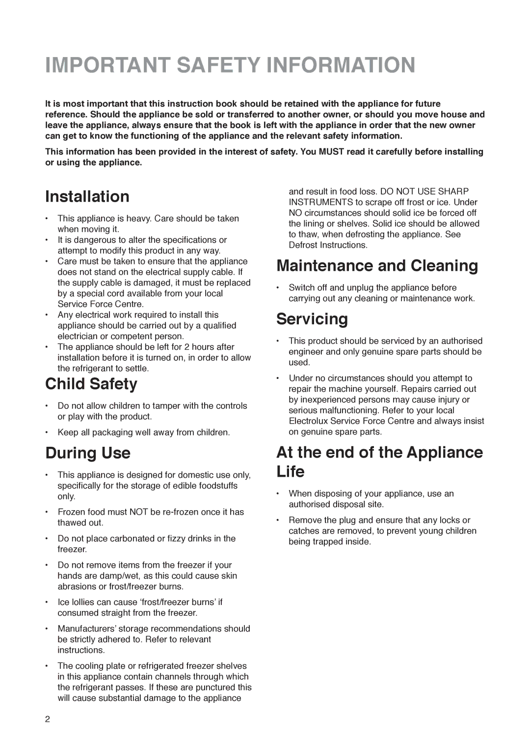 Electrolux U01327 installation instructions Important Safety Information, Installation 