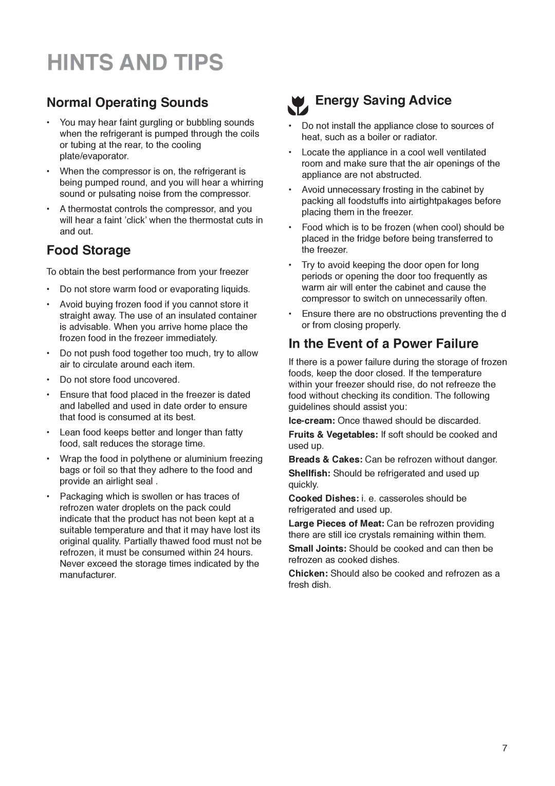 Electrolux U01327 Hints and Tips, Normal Operating Sounds, Food Storage, Energy Saving Advice, Event of a Power Failure 