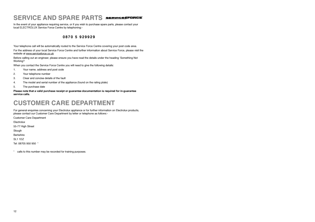 Electrolux U02073 manual Service and Spare Parts, Customer Care Department, 7 0 5 9 2 9 9 2 