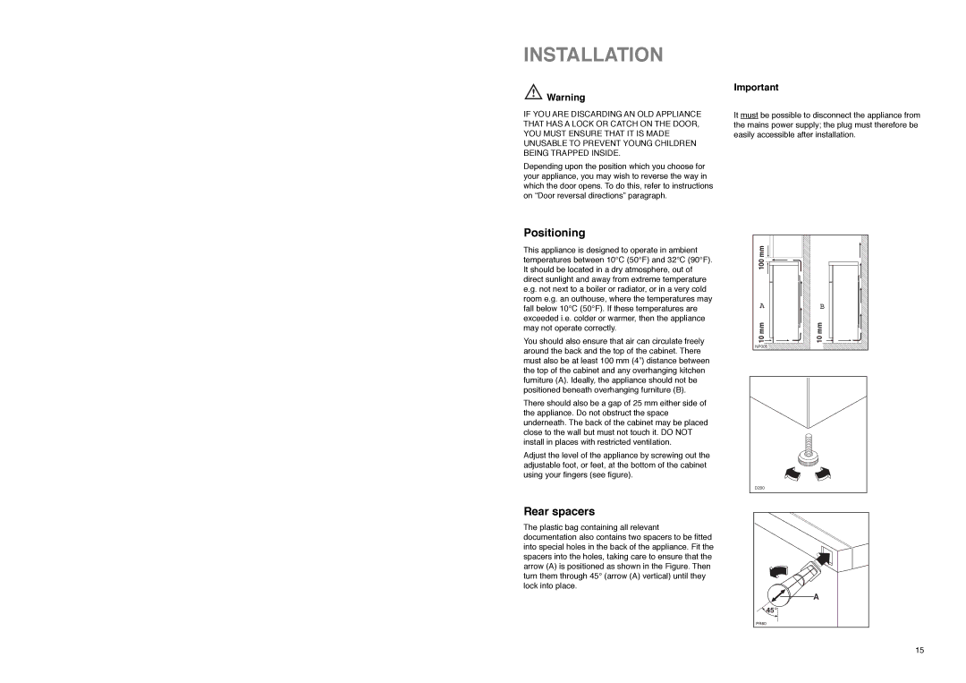 Electrolux U02073 manual Installation, Positioning, Rear spacers 