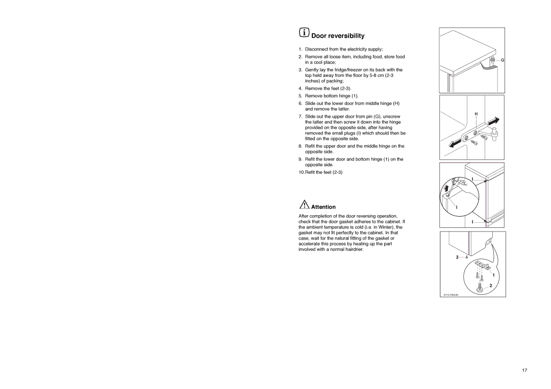 Electrolux U02073 manual Door reversibility 