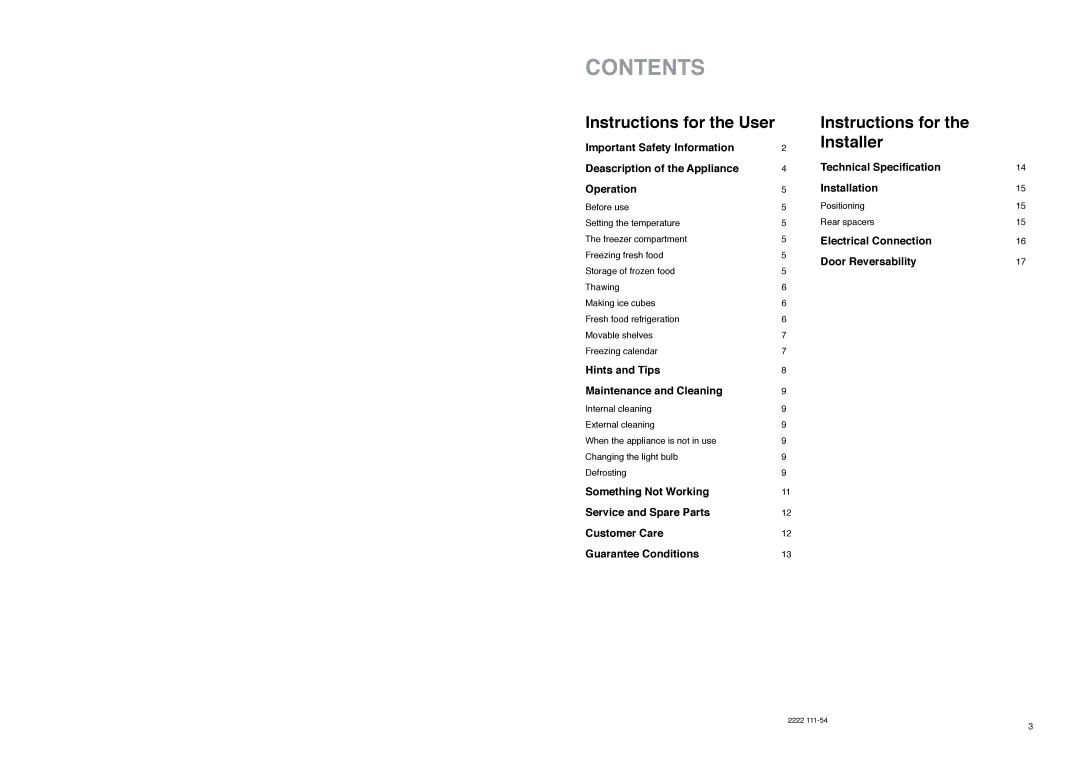 Electrolux U02073 manual Contents 