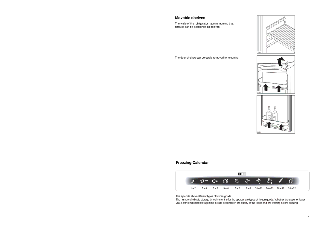 Electrolux U02073 manual Movable shelves, Freezing Calendar 