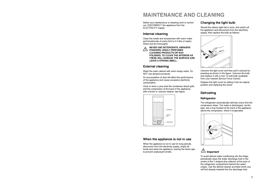 Electrolux U02073 manual Maintenance and Cleaning 