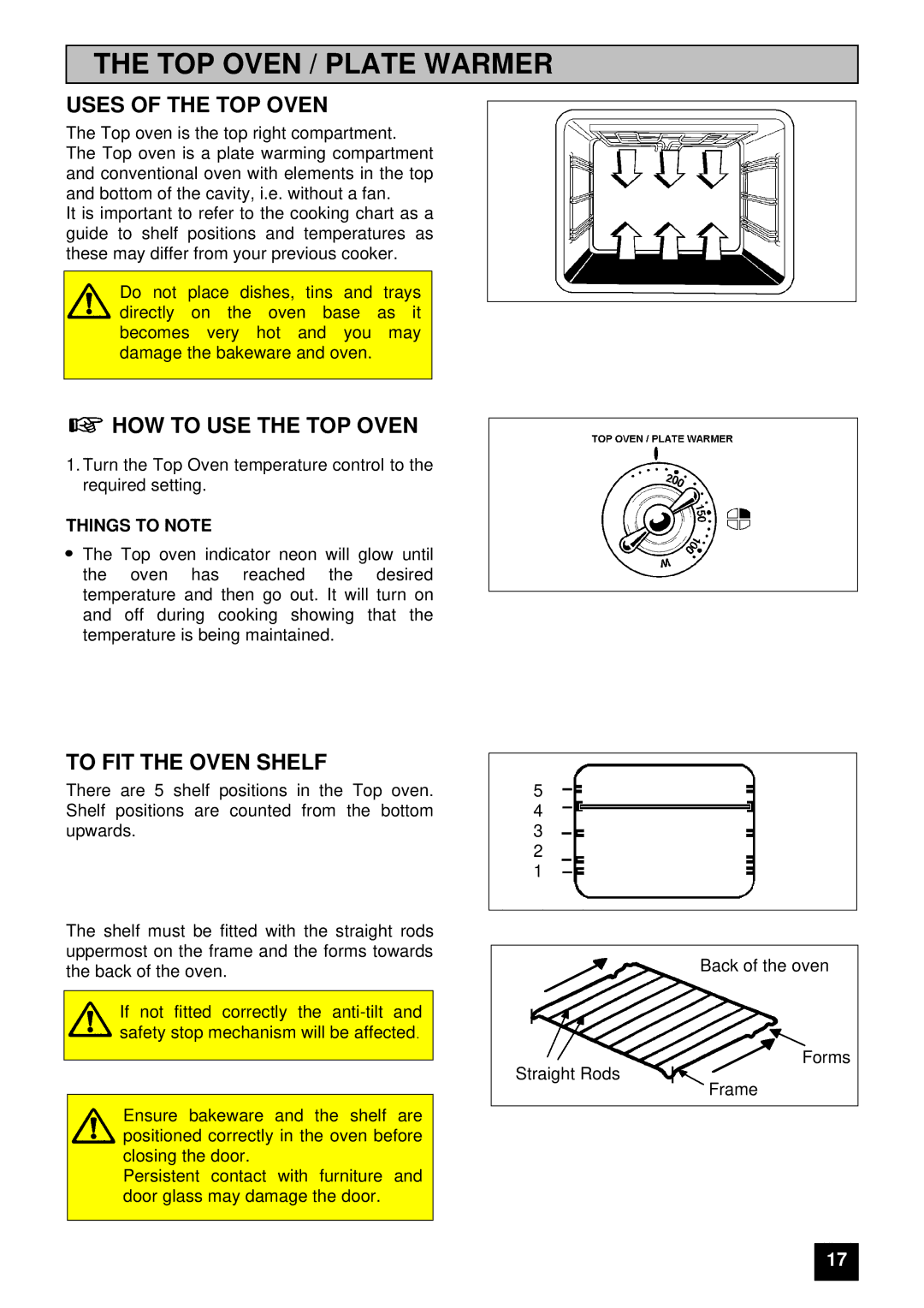 Electrolux U03059 TOP Oven / Plate Warmer, Uses of the TOP Oven, HOW to USE the TOP Oven, To FIT the Oven Shelf 