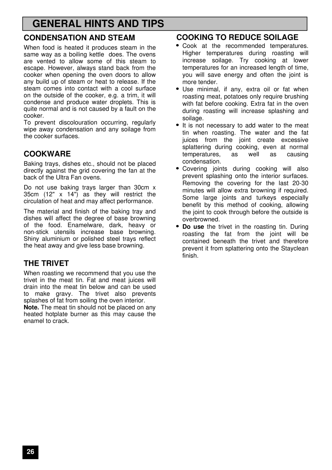 Electrolux U03059 General Hints and Tips, Condensation and Steam, Cookware, Trivet, Cooking to Reduce Soilage 