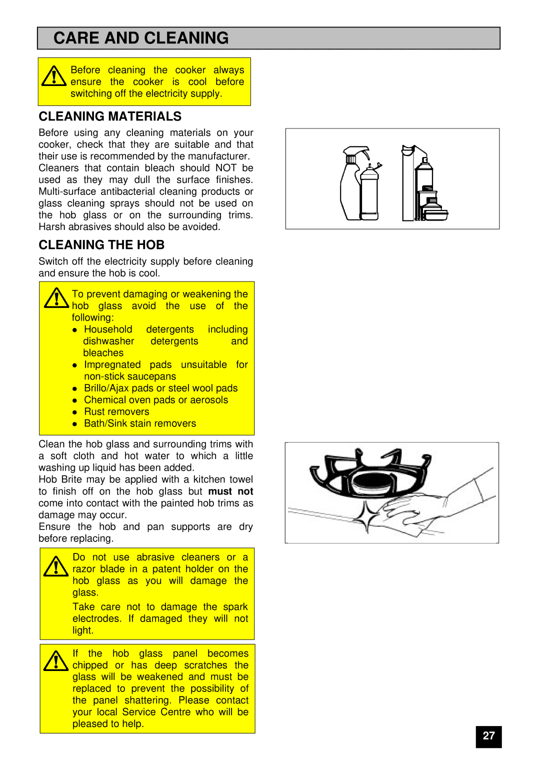 Electrolux U03059 installation instructions Care and Cleaning, Cleaning Materials, Cleaning the HOB 