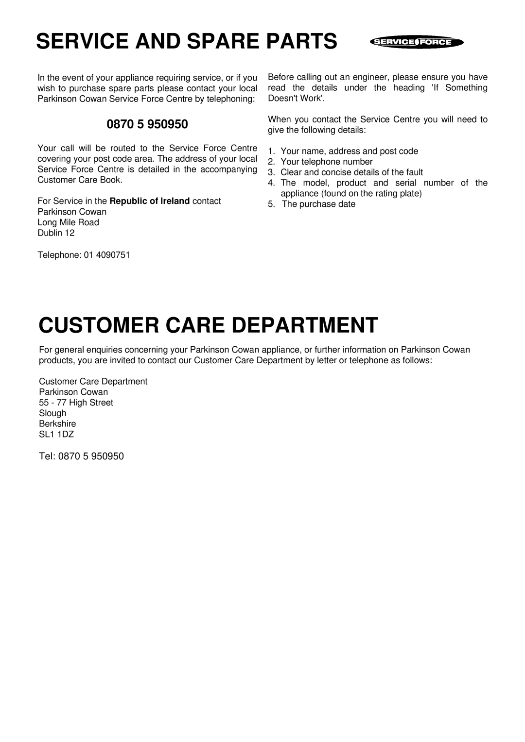 Electrolux U03059 installation instructions Service and Spare Parts 