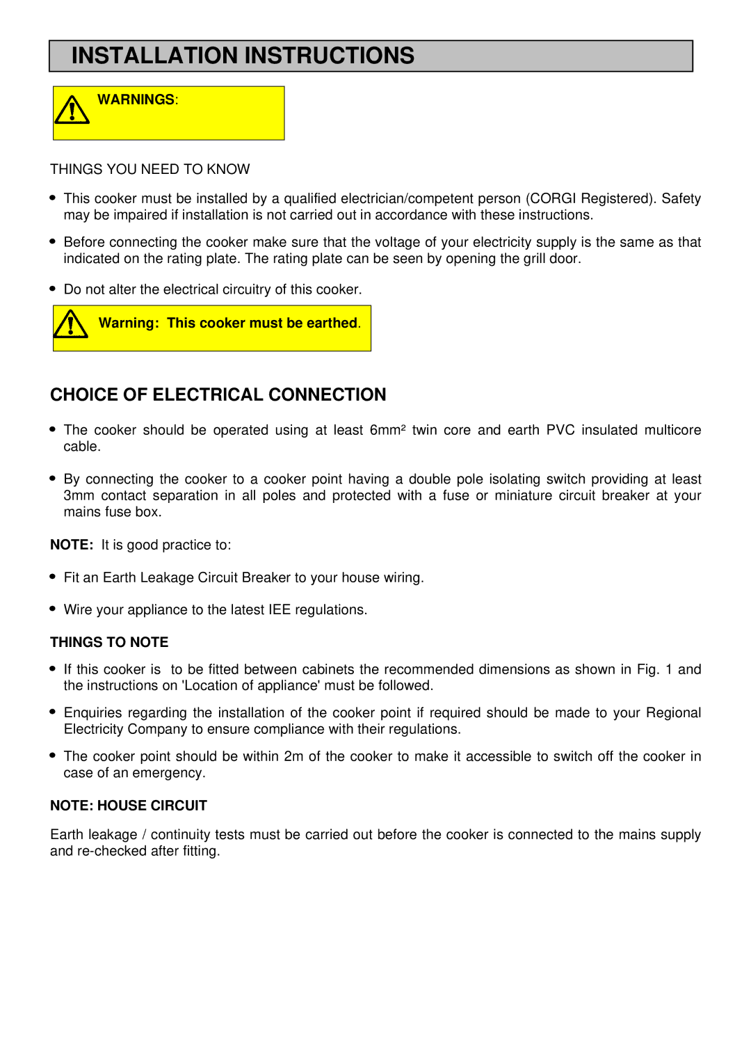 Electrolux U03059 installation instructions Installation Instructions, Choice of Electrical Connection 