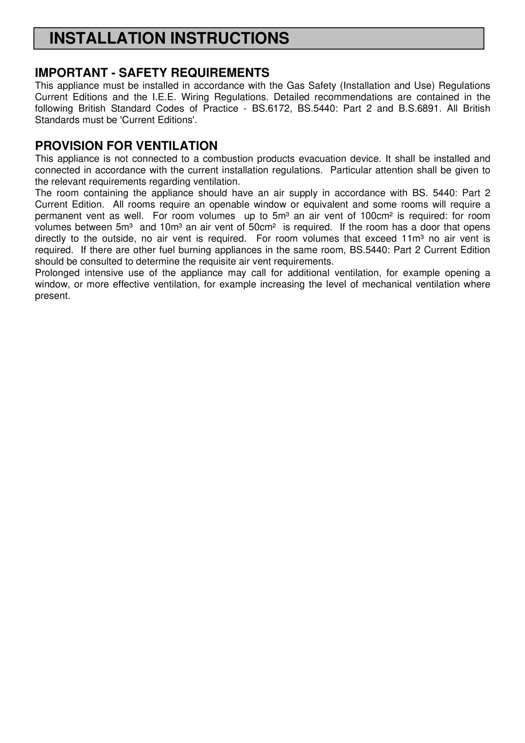 Electrolux U03059 installation instructions Important Safety Requirements, Provision for Ventilation 