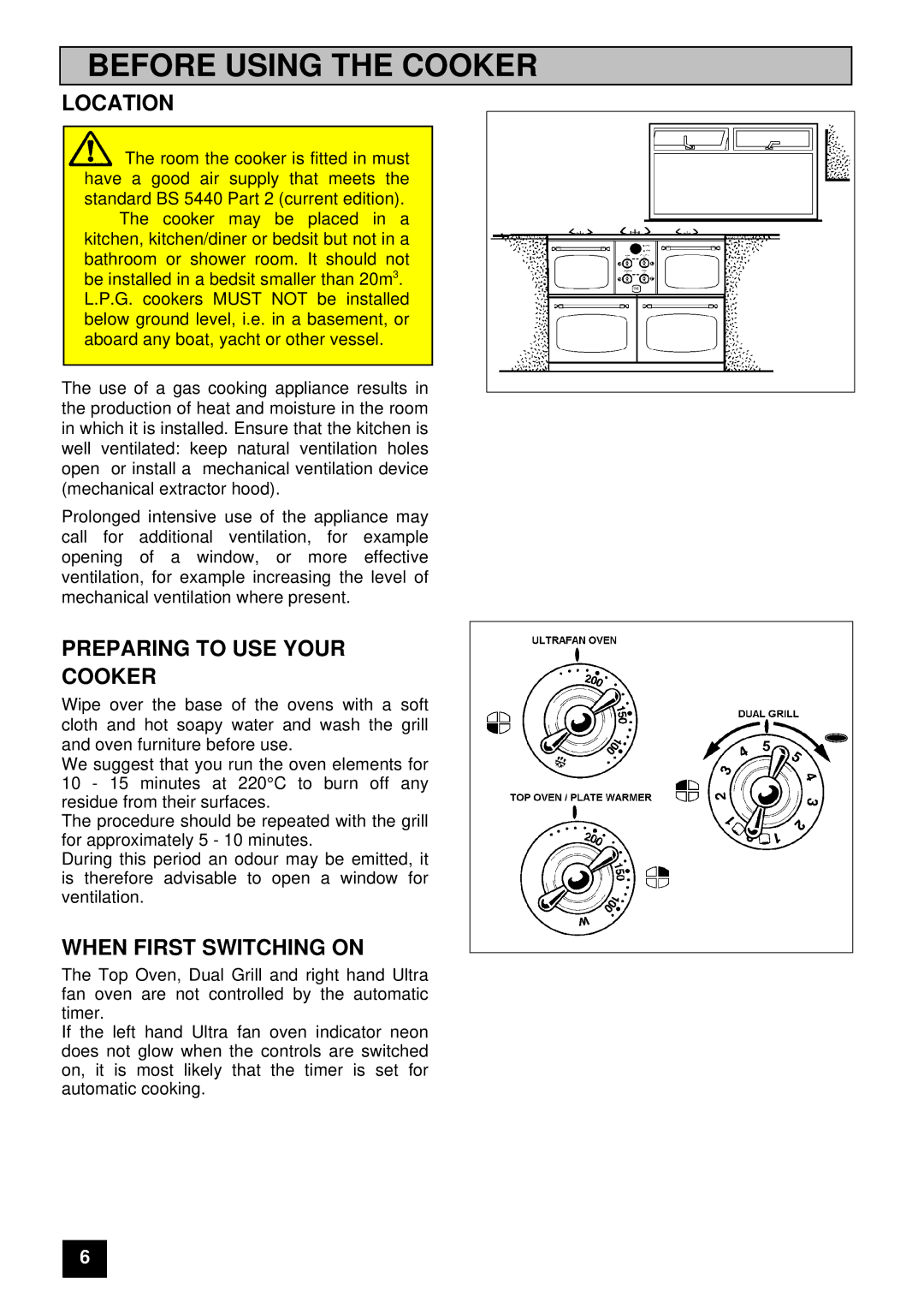 Electrolux U03059 Before Using the Cooker, Location, Preparing to USE Your Cooker, When First Switching on 