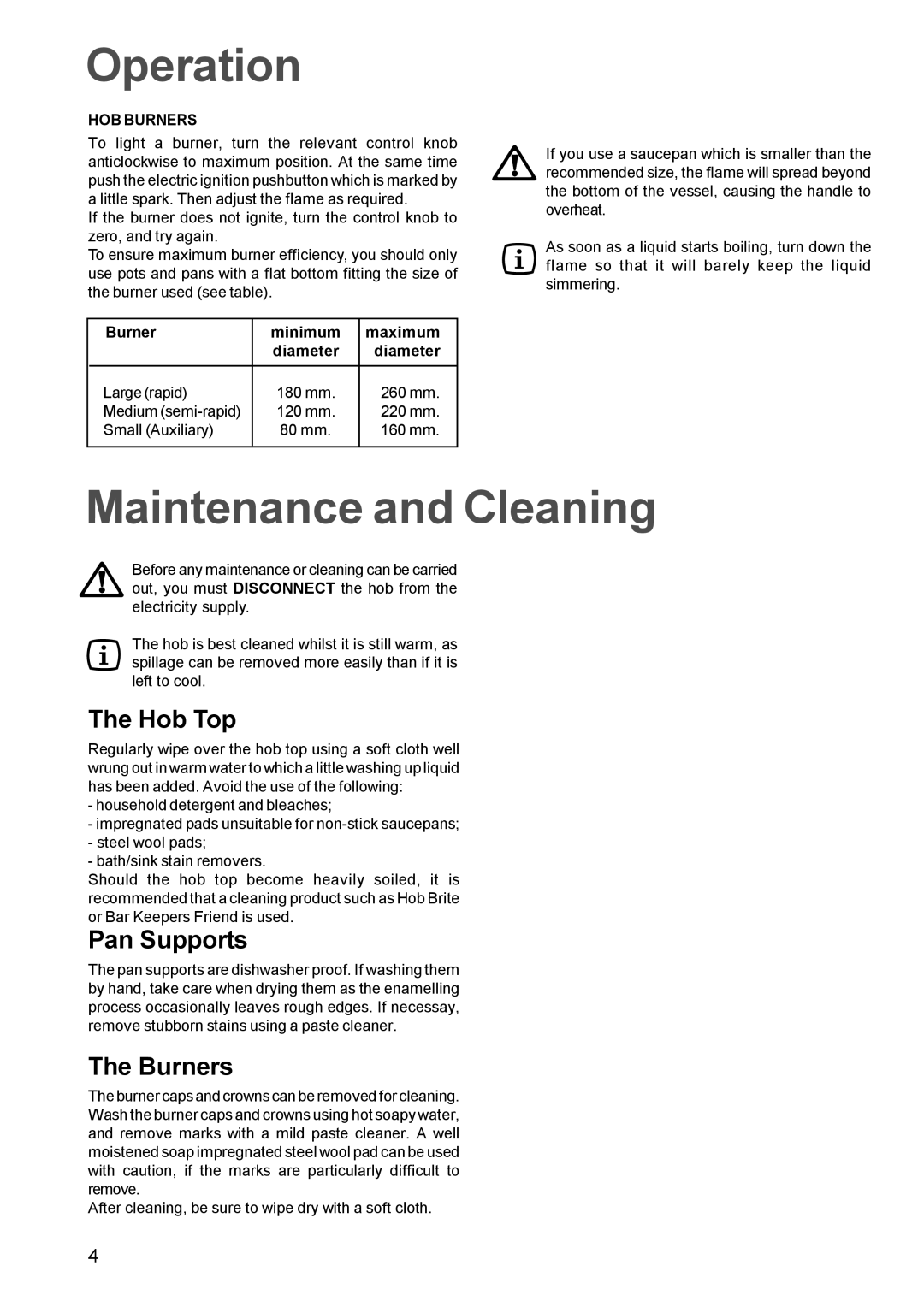 Electrolux U20412 manual Operation, Maintenance and Cleaning, Hob Top, Pan Supports, Burners 