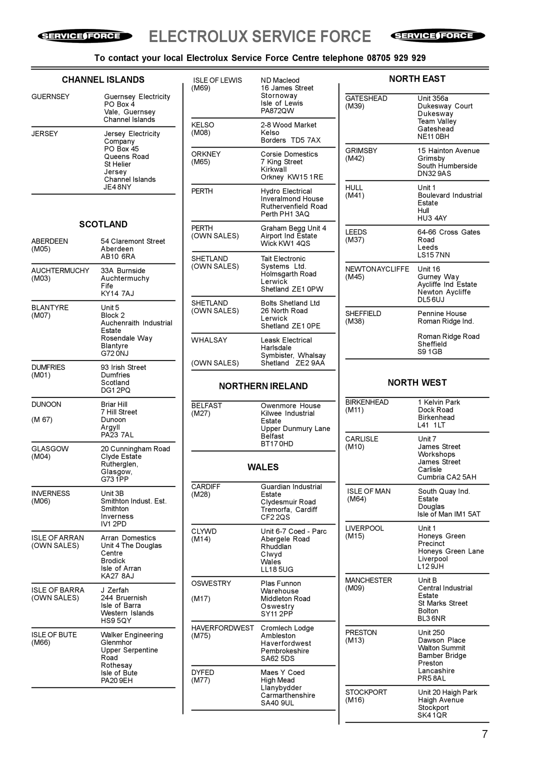 Electrolux U20412 manual Channel Islands, Scotland, Northern Ireland, Wales, North East, North West 